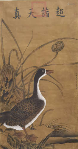 A CHINESE FLOWER&BIRD PAINTING SILK SCROLL WANG MIAN MARK