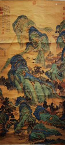 A CHINESE LANDSCAPE PAINTING SILK SCROLL TANG YIN MARK