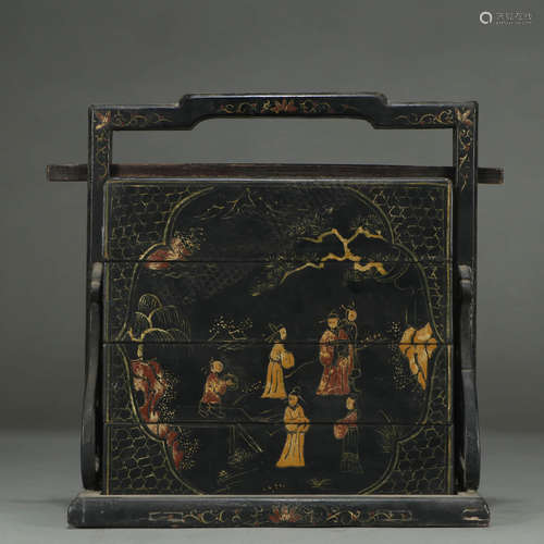 A FIGURES PAINTED LACQUER WORK BOX WITH HANDLE