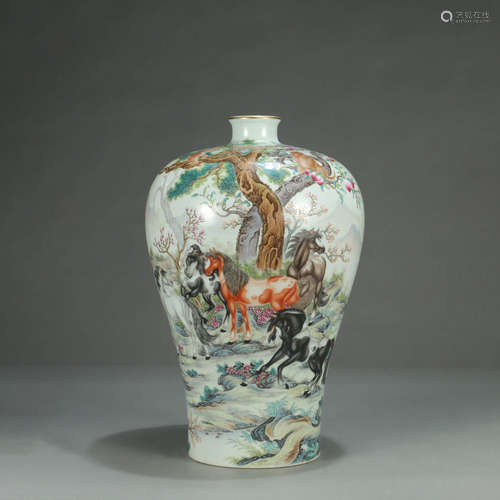 A FAMILLE ROSE HORSE PORCELAIN MEIPING VASE