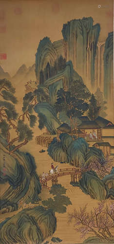 A CHINESE LANDSCAPE PAINTING SILK SCROLL QIU YING MARK