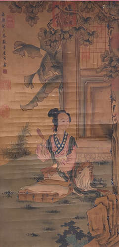 A CHINESE FIGURE PAINTING SILK SCROLL TANG YIN MARK