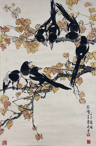 A CHINESE MAGPIE&PLUM BLOSSOM PAINTING XU BEIHONG MARK