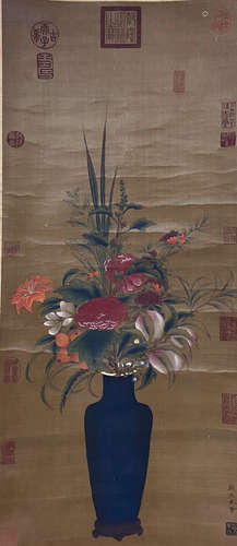 A CHINESE FLOWERS PAINTING SILK SCROLL YAN LIBEN MARK