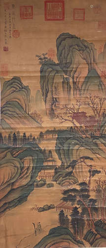 A CHINESE LANDSCAPE PAINTING SILK SCROLL WANG MENG MARK