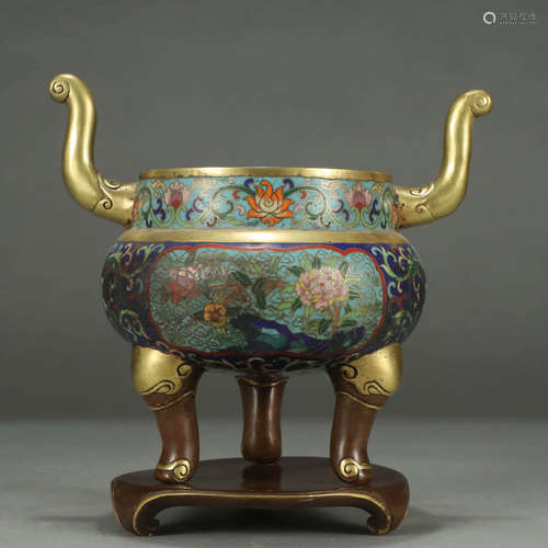 A GILT-BRONZE CLOISONNE FLORAL TRIPOD CENSER