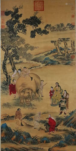 A CHINESE FIGURE PAINTING SILK SCROLL DING GUANPENG MARK