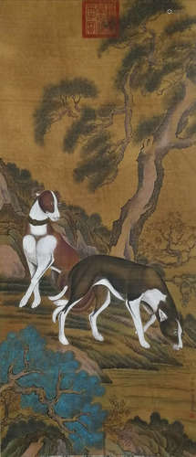 A CHINESE DOG PAINTING SILK SCROLL LANG SHINING MARK