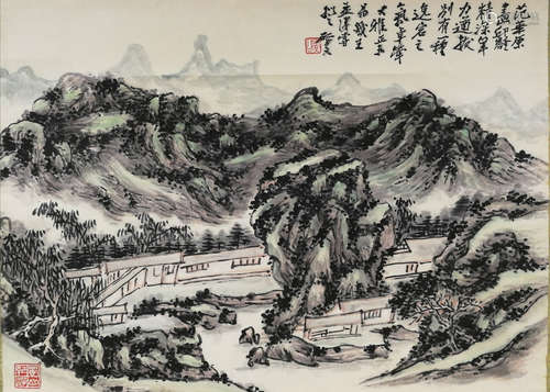 A CHINESE LANDSCAPE PAINTING SCROLL HUANG BINHONG MARK