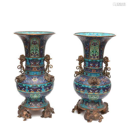 A PAIR OF GILT-BRONZE CLOISONNE ENAMEL ZUN VASE