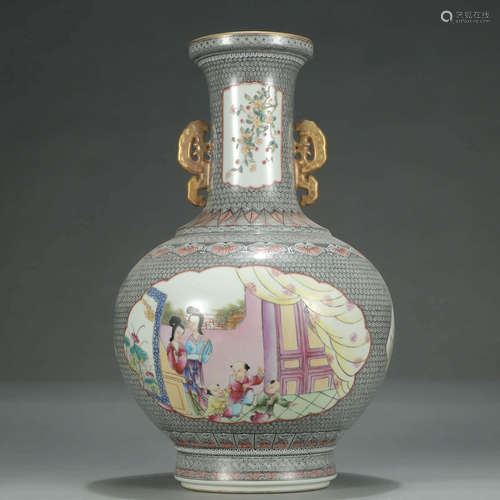 A FAMILLE ROSE FIGURES PORCELAIN DOUBLE EARS VASE