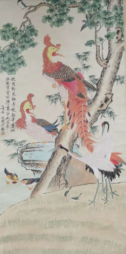 A CHINESE FLOWERS&BIRDS PAINTING SCROLL YU FEI'AN MARK