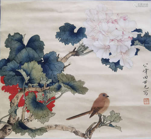 A CHINESE FLOWERS&BIRDS PAINTING SCROLL TIAN SHIGUANG MARK