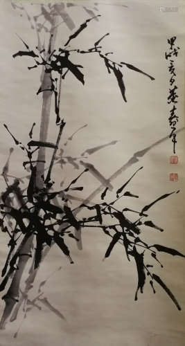 A CHINESE BAMBOO INK PAINTING SCROLL DONG SHOUPING MARK