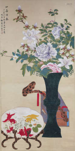 A CHINESE FLOWERS PAINTING SCROLL MEI LANFANG MARK