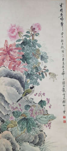 A CHINESE FLOWERS&BIRDS PAINTING SCROLL YAN BOLONG MARK