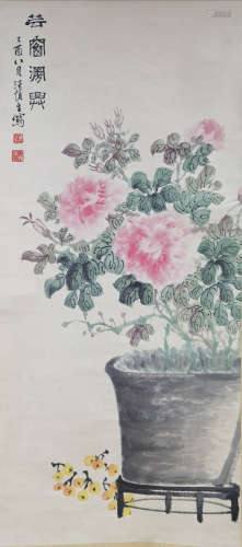 A CHINESE FLOWERS PAINTING SCROLL WANG SHENSHENG MARK
