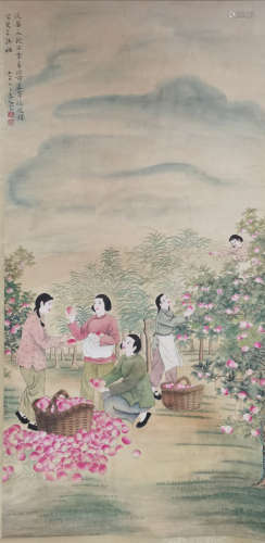 A CHINESE FIGURES PAINTING SCROLL FANG RENDING MARK