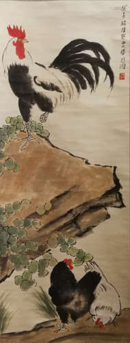 A CHINESE ROOSTER PAINTING SCROLL XU BEIHONG MARK
