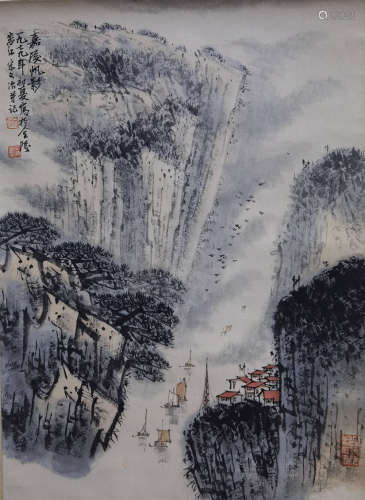 A CHINESE LANDSCAPE PAINTING SCROLL SONG WENZHI MARK