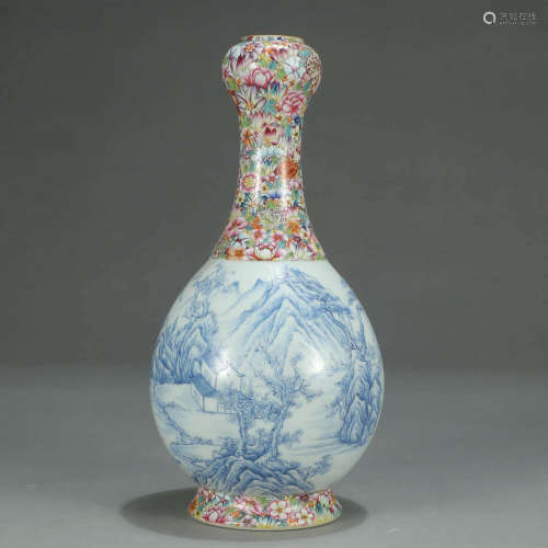 A FAMILLE ROSE BLUE AND WHITE FIGURES PORCELAIN VASE