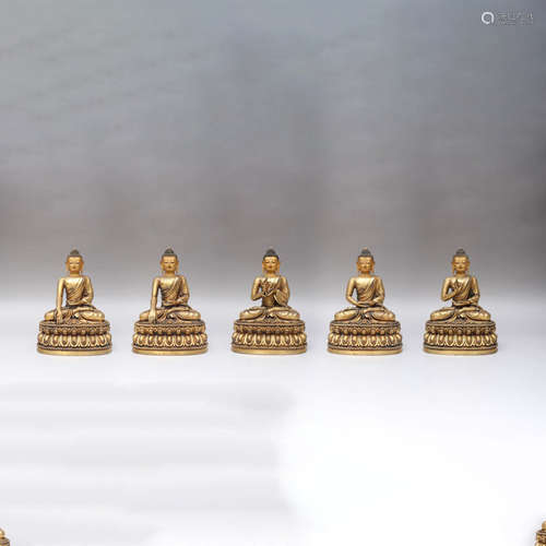 5 PIECES GILT-BRONZE BUDDHA STATUES