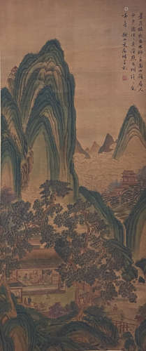 A CHINESE LANDSCAPE PAINTING SILK SCROLL WEN ZHENGMING MARK