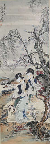 A CHINESE FIGURES PAINTING SCROLL XU CAO MARK