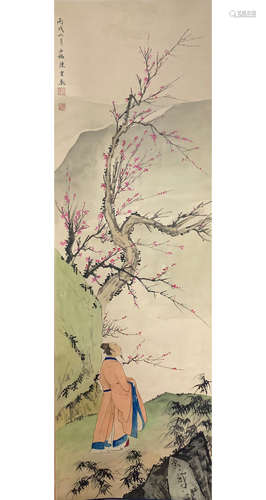 A CHINESE FIGURE&PLUM BLOSSOM PAINTING CHEN SHAOMEI MARK