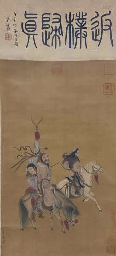 A CHINESE FIGURE PAINTING SILK SCROLL QIU YING MARK