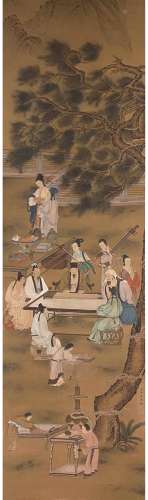 A CHINESE FIGURE PAINTING SILK SCROLL LENG MEI MARK
