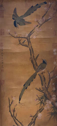 A CHINESE FLOWER&BIRD PAINTING SILK SCROLL LV JI MARK