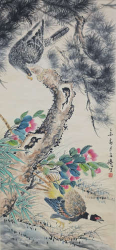 A CHINESE FLOWERS PAINTING SCROLL WANG XUETAO MARK