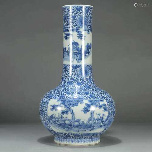 A BLUE AND WHITE FLORAL CHILDREN PAINTED PORCELAIN VASE