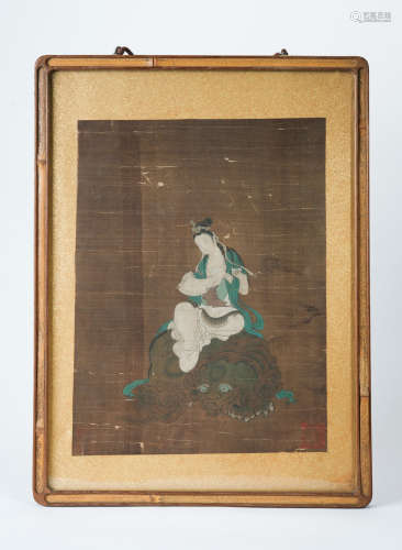 A COLOR AND INK ON SILK 'SAMANTABHADRA' FRAMED PAINTING