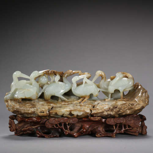 CHINESE HETIAN JADE CARVED WILD GEESE WITH A WOODEN STAND