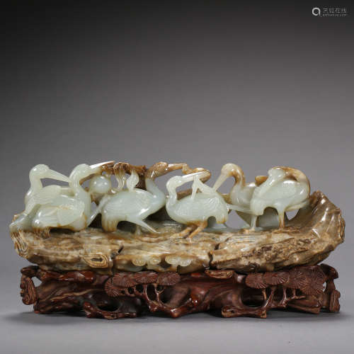 CHINESE HETIAN JADE CARVED WILD GEESE WITH A WOODEN STAND