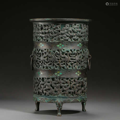 ANCIENT CHINESE BRONZE HOLLOW INCENSE BURNER