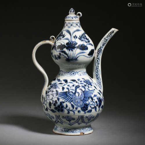 BLUE AND WHITE GOURD POT, YUAN DYNASTY, CHINA