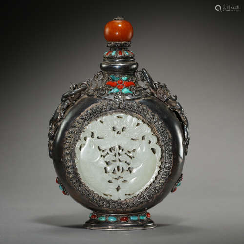 STERLING SILVER INLAID HETIAN JADE FLAT BOTTLE, QING