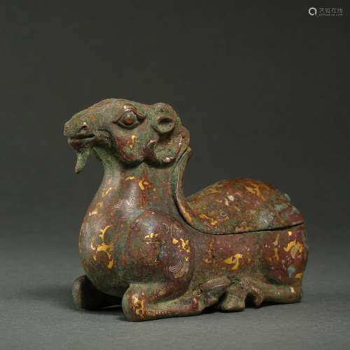 CHINESE BRONZE SHEEP INLAID WITH GOLD AND SILVER, WARRING STATES PERIOD