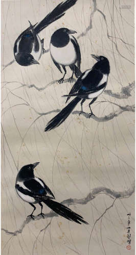 A CHINESE FOUR MAGPIE PAINTING XU BEIHONG MARK