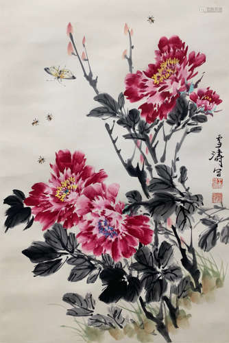 A CHINESE FLOWERS&BUTTERFLY PAINTING WANG XUETAO MARK