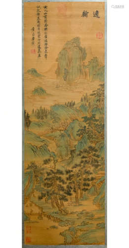 A CHINESE LANDSCAPE PAINTING SILK SCROLL TANG YIN MARK