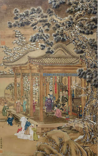 A CHINESE FIGURES PAINTING LANG SHINING MARK