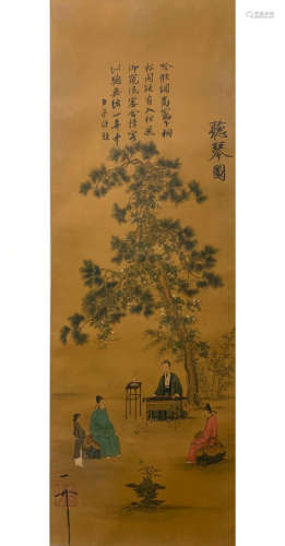 A CHINESE FIGURES PAINTING SILK SCROLL SONG HUIZONG MARK