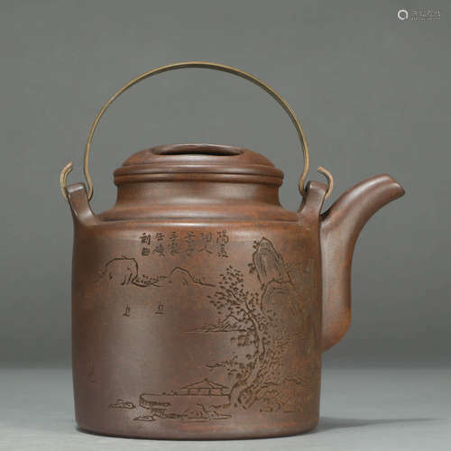 AN INSCRIBED LANDSCAPE ZISHA TEAPOT