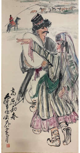 A CHINESE FIGURES PAINTING HUANG ZHOU MARK