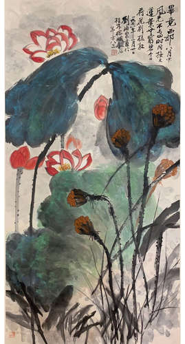 A CHINESE LOTUS PAINTING LIU HAISU MARK