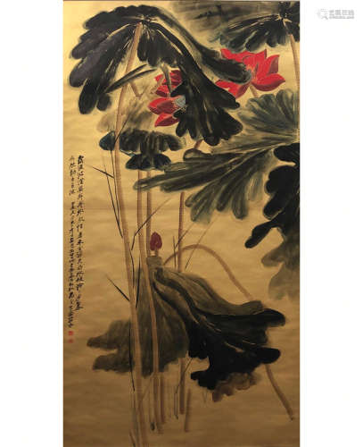 A CHINESE LOTUS PAINTING ZHANG DAQIAN MARK